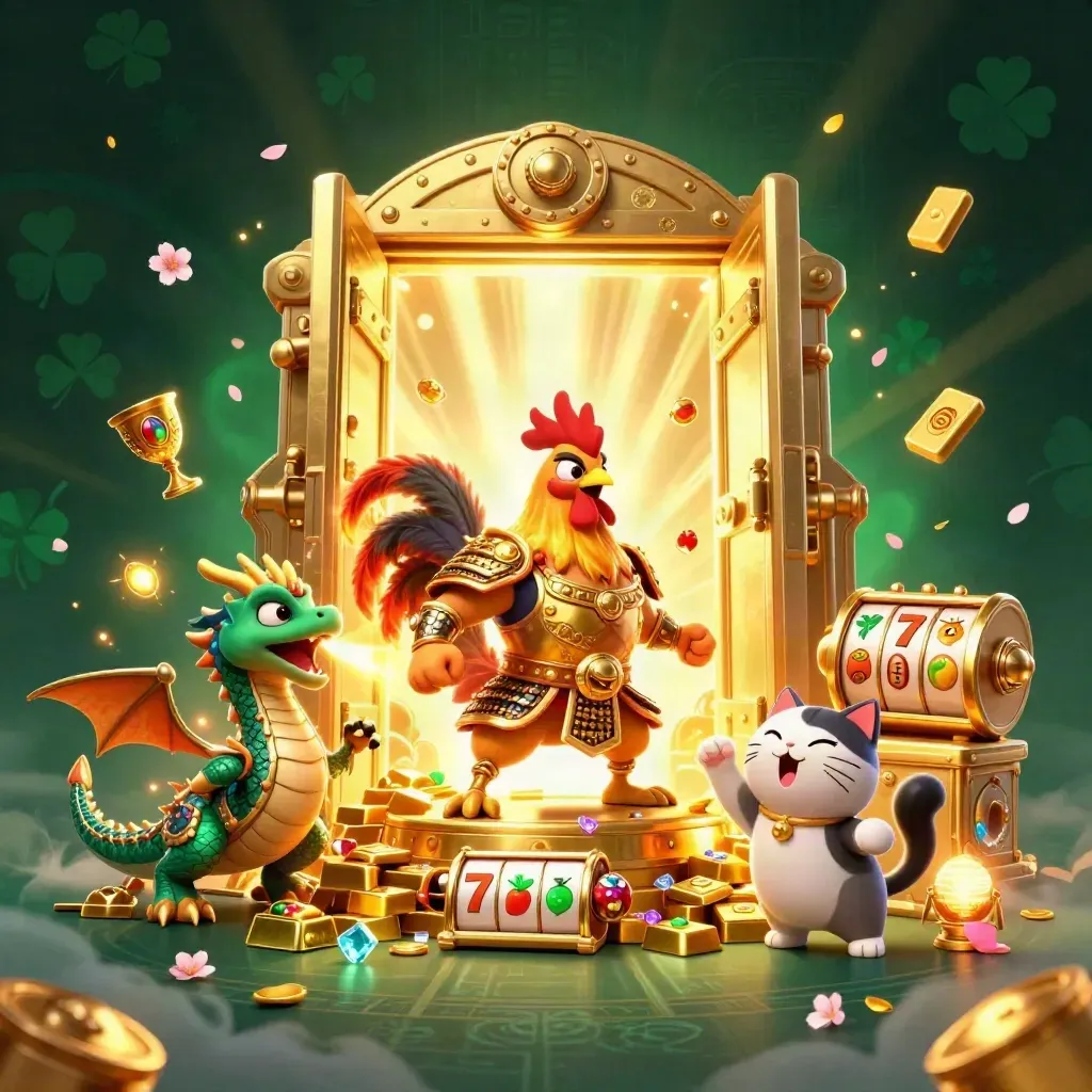Rooster warrior, dragon hatchling, and fortune-cat amid vault gold, sparks, and fireworks.