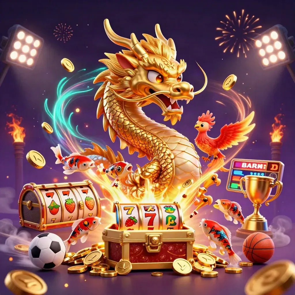 Golden dragon, phoenix, koi, coins, slots, trophies, and sports balls bursting in a luxe casino scene.