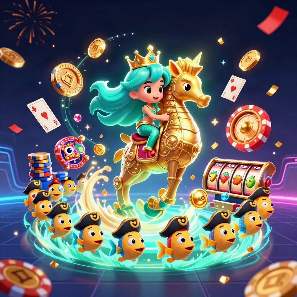 Mermaid princess on a golden seahorse amid coins, cards, reels, chips and pirate fish in neon teal glow