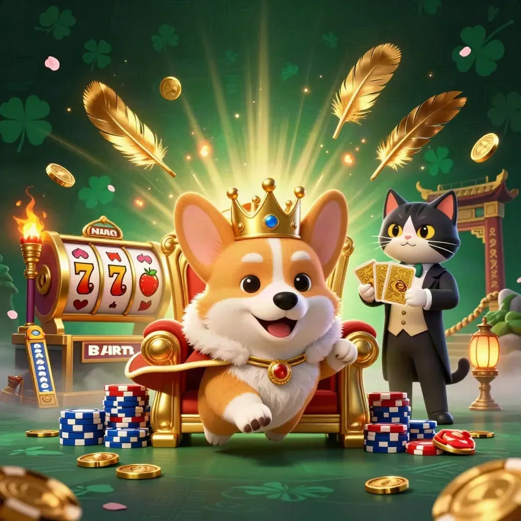 Royal corgi and cat butler amid casino magic, coins, reels, and temple gate