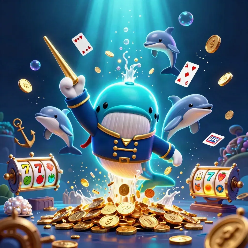 Whale captain, narwhal, and dolphins bursting through coins in a glowing underwater casino scene.