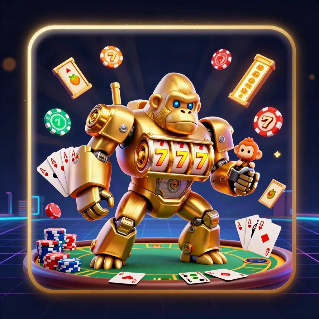 Golden gorilla mech with monkey pilot amid chips, cards, and glowing slot reels on a dark neon casino backdrop.