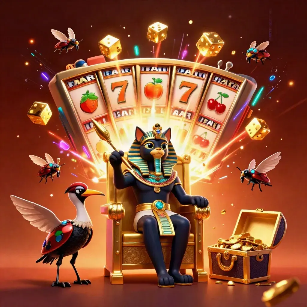 Pharaoh cat, ibis scribe, and scarab beetles amid jackpot bursts and glowing slot symbols.