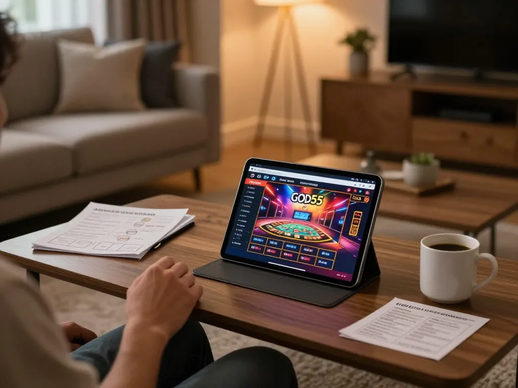 Person using a tablet for god55 online gaming at home in a cozy setup.