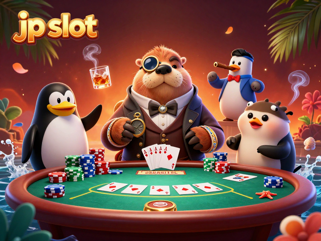 Engage in thrilling jp slot action featuring a jolly walrus and friend players at an underwater poker table.