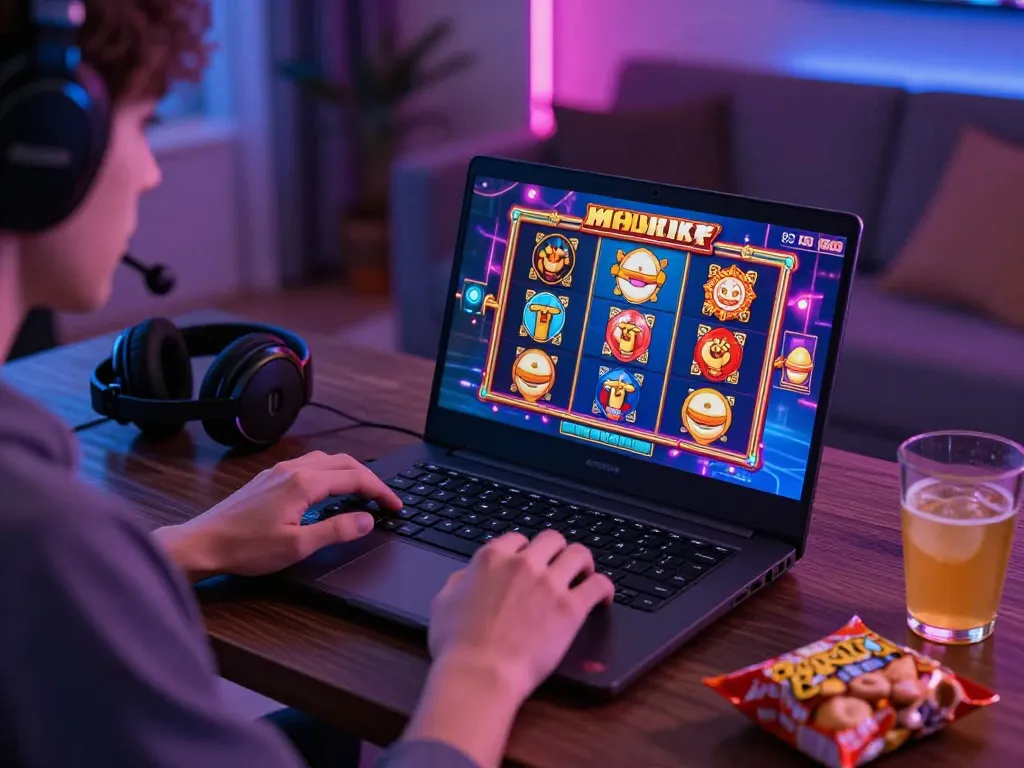 Exciting gaming moment featuring zeus138 online slot games being played on a laptop in a cozy living room.
