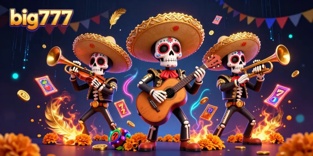 Experience big777 thrills with vibrant 3D skeleton mariachi band celebrating slots action.