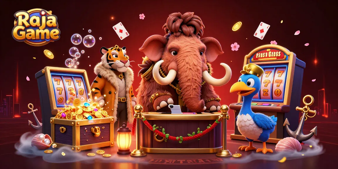 Experience the thrill of Raja Game with exciting casino action, featuring a woolly mammoth bouncer and vibrant slot machines.
