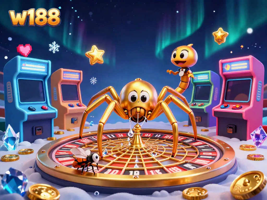 Engage in thrilling bets at w188 while a golden spider spins a roulette wheel web.