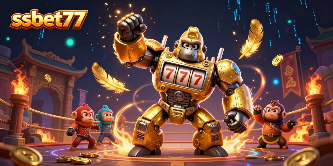 ssbet77's vibrant 3D casino illustration features a golden gorilla mech and a monkey pilot amidst dynamic atmosphere.