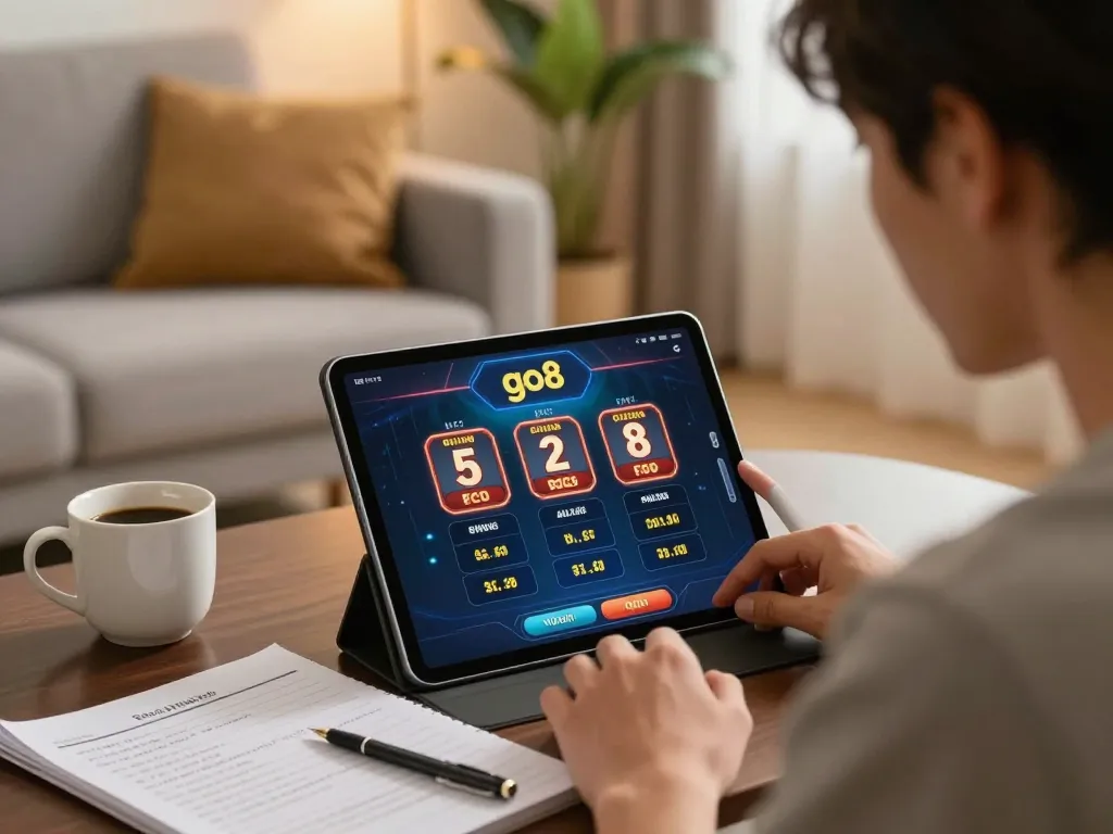 Player engaging with the go8 casino app on tablet for real money bets in a cozy home setting.