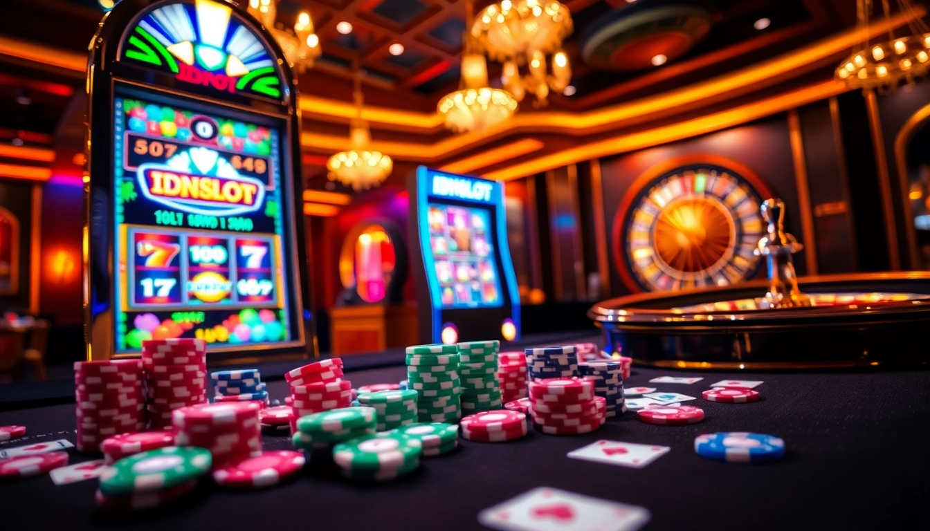 Spin the reels on IDNSLOT slots with vibrant chips and cards around a luxurious casino table.