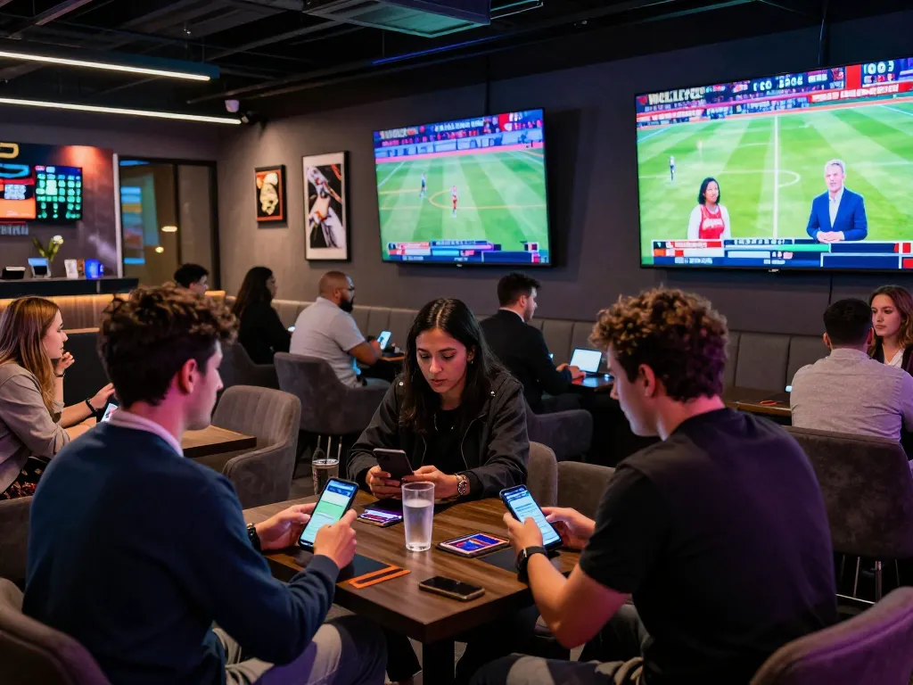 Excited bettors analyzing sports odds at n188's energetic sports betting lounge.