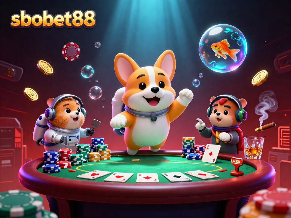 Play exciting games at sbobet88 while a corgi astronaut explores a fun zero-gravity casino scene.