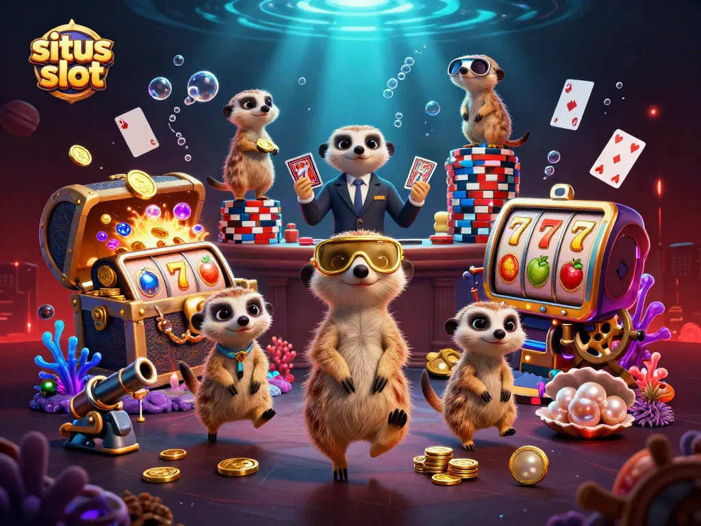 Meerkat koloni menjalankan aktivitas situs slot dengan chip dan slot reels, penuh suasana kasino.