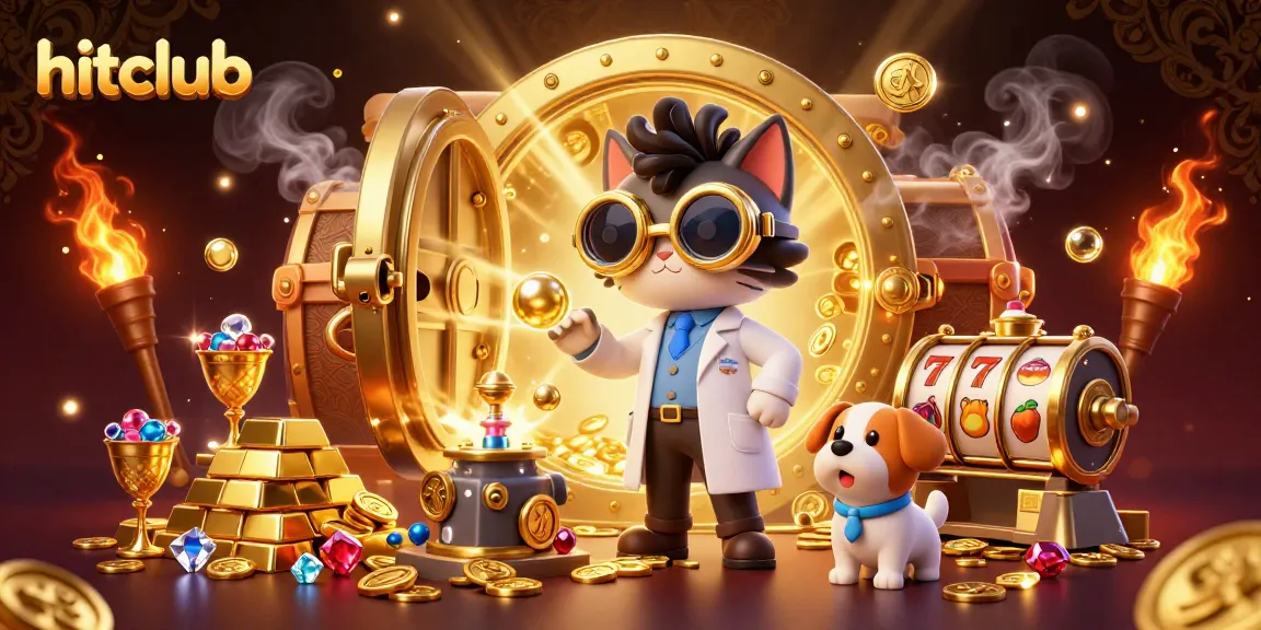 Experience the thrill of hitclub gaming with a vibrant 3D scene of a mad scientist cat and assistant.