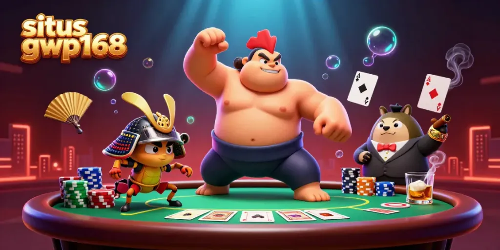 Bermain di situs gwp168 dengan suasana kasino virtual yang ramai dan menarik, dikelilingi karakter unik.