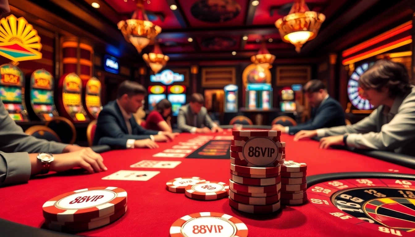 Players strategizing at a luxurious 68VIP poker table in an upscale casino setting.