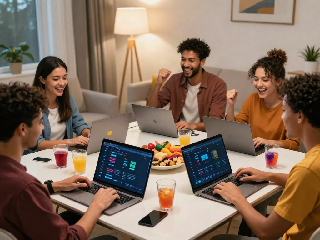 A diverse group enjoying akunjp online gambling together in a vibrant home setting.