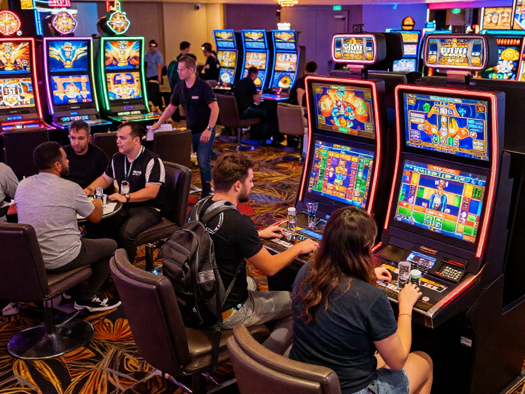Exciting gambling scene at MPOCASH casino with players enjoying vibrant slot machines and neon lights.