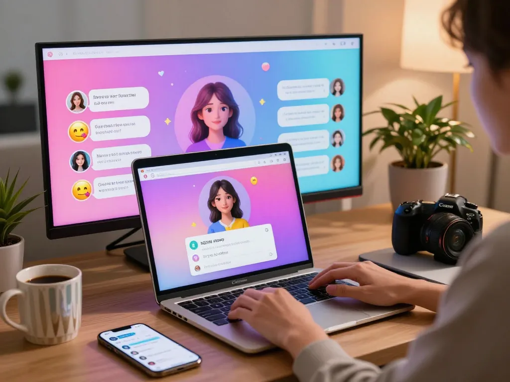 Engaging conversation with a sex chat AI on a laptop in a cozy home office