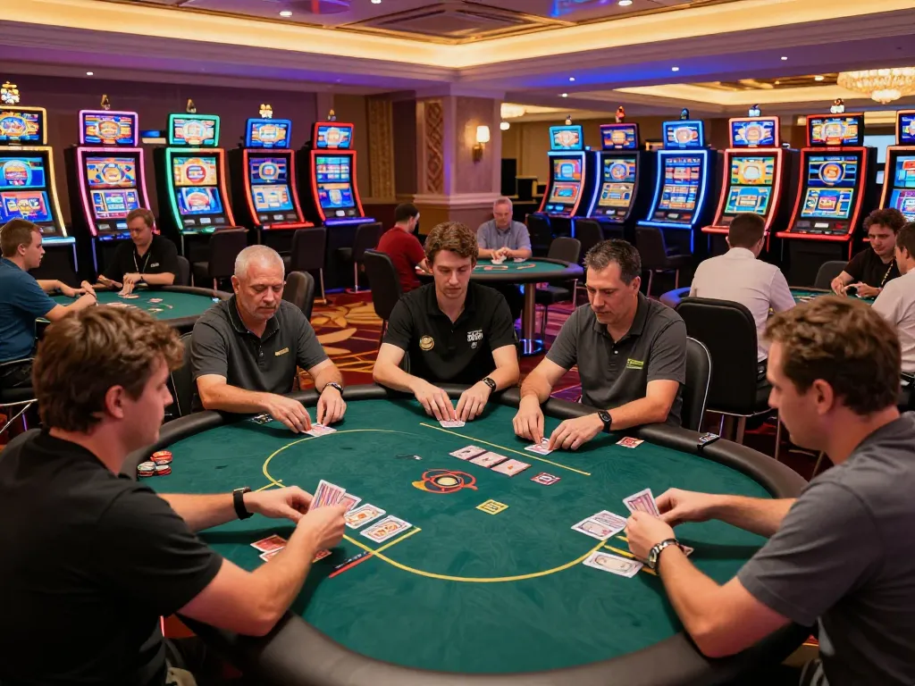 TG88 poker players engaging in intense gameplay at an upscale casino with vibrant atmosphere.