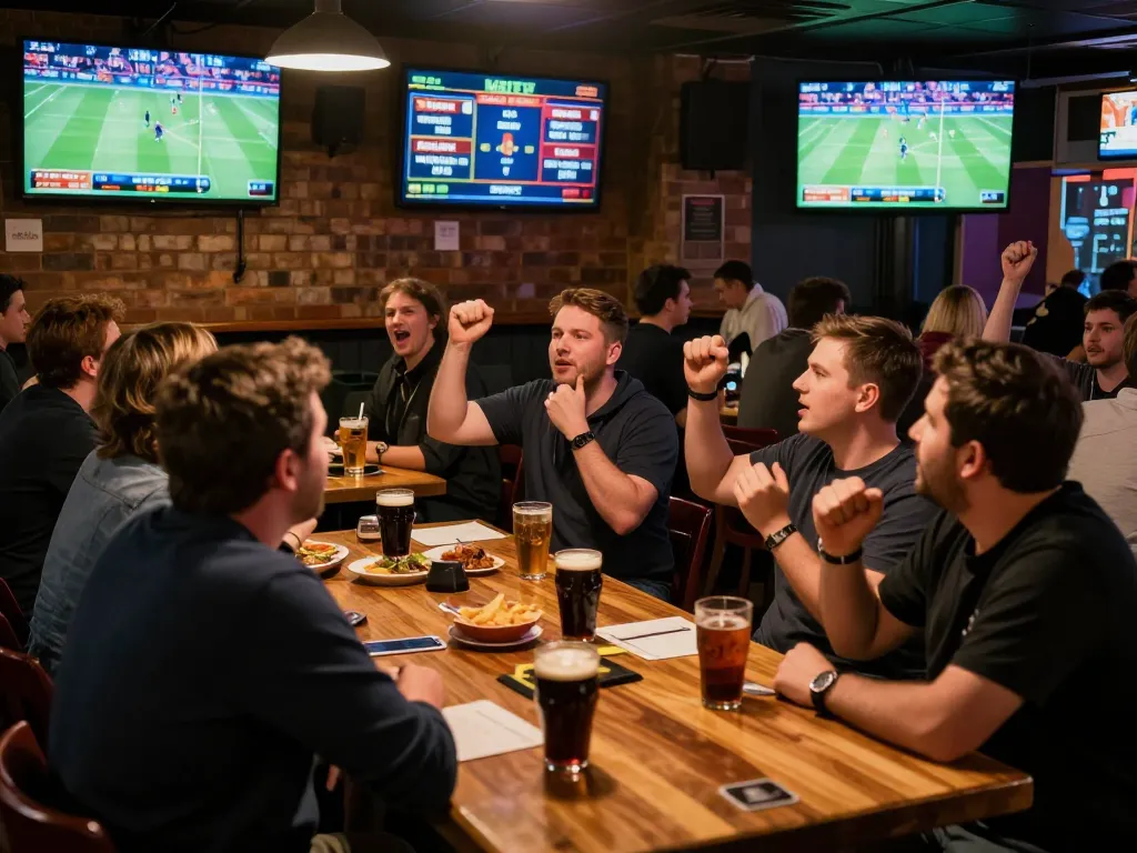 Watch bettors analyzing live sports action at cm88viet sports bar, vibrant atmosphere with screens showing games.
