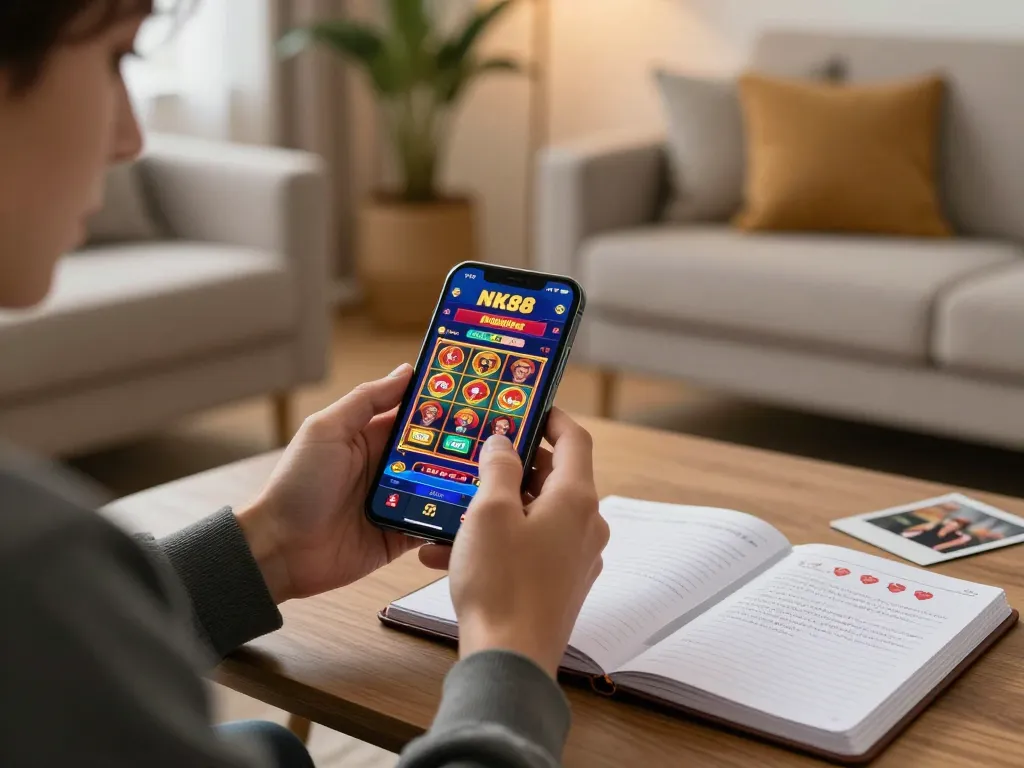 Player enjoying NK88 mobile app for online gambling in a cozy home setting