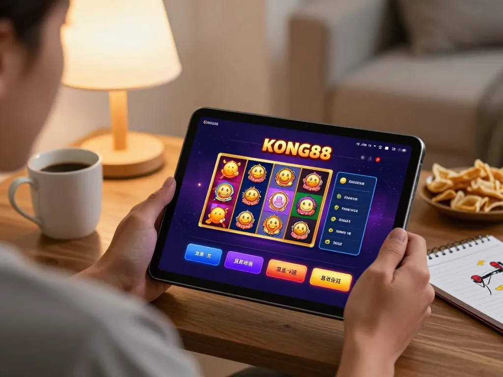 Engaged player exploring the Nhà cái KONG88 casino app in a cozy home setting, enhancing online gaming experience.