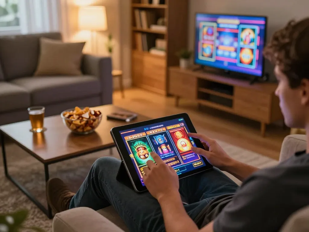 Player enjoying net88 slot games on a tablet in a cozy home environment with vibrant graphics.