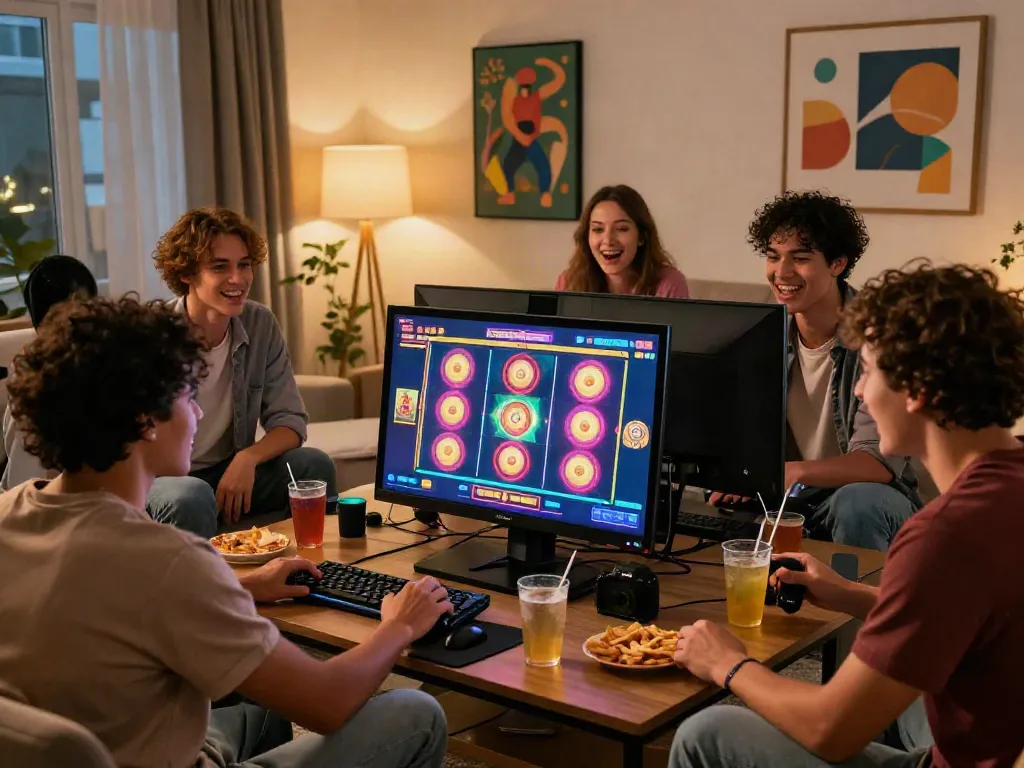 Friends enjoying a thrilling slot game experience in a vibrant living room.