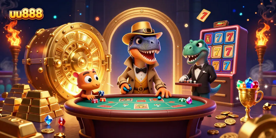uu888 engaging at a blackjack table with a card-counter velociraptor and stealthy pickpocket.