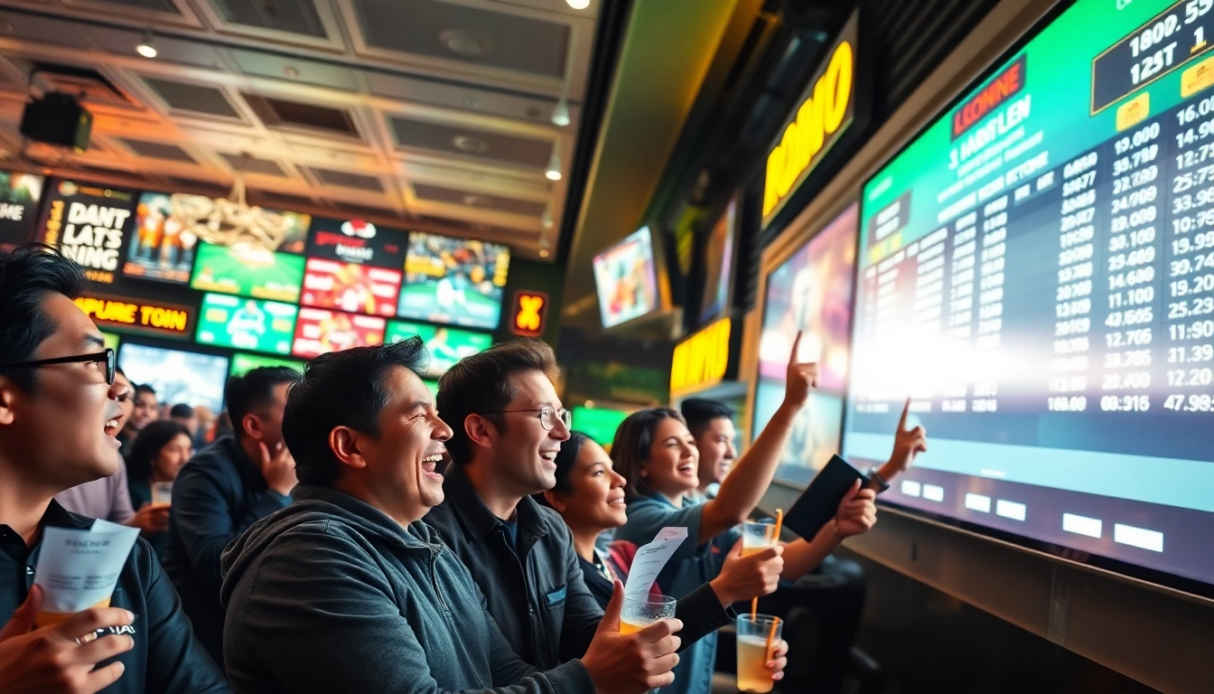 Engaged bettors placing wagers in a vibrant Sports Betting setting filled with live odds and excitement.