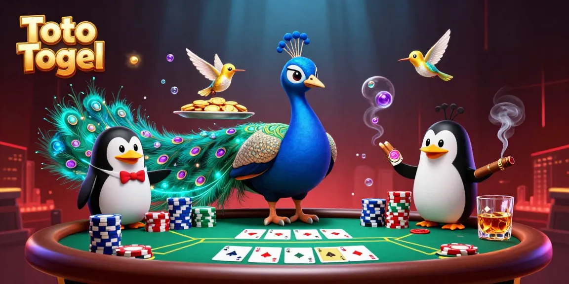 Toto Togel menunjukkan permainan kartu dengan karakter ceria di kasino virtual yang gemerlap.