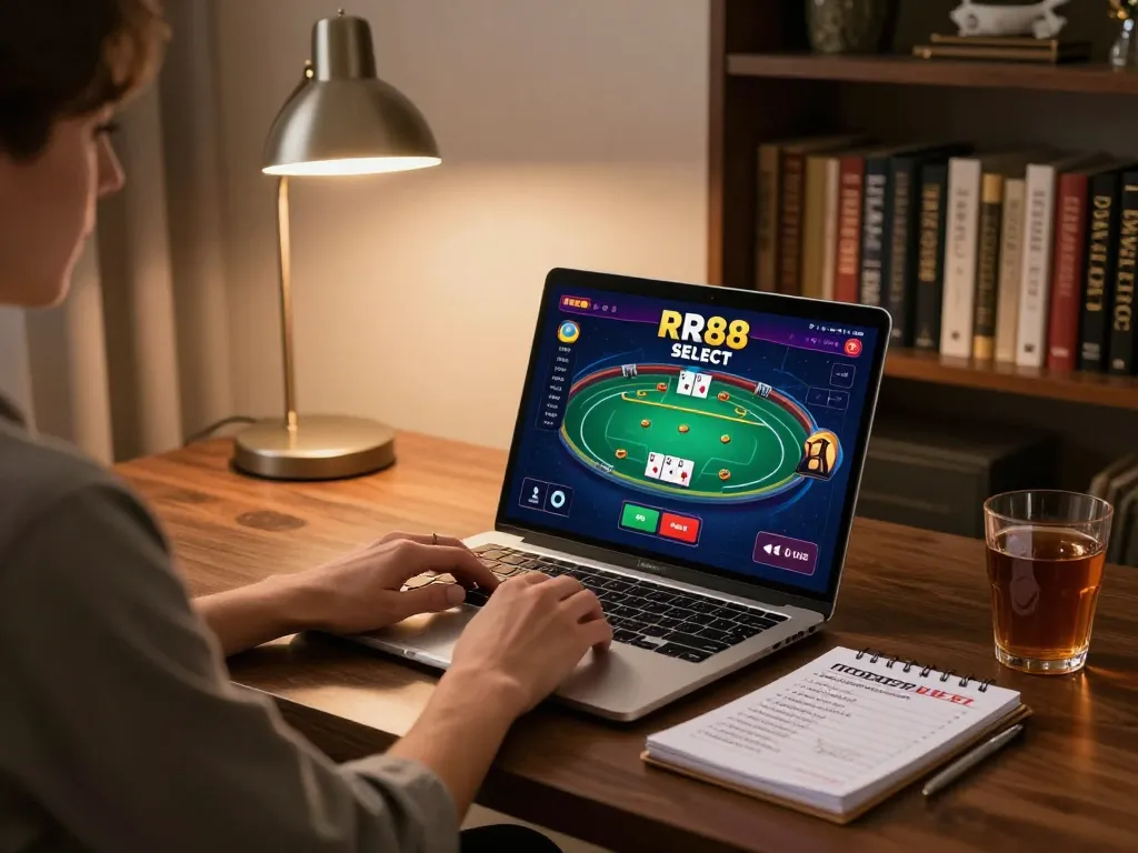 Player engaging in RR88 SELECT online poker with strategic notes in a stylish home office