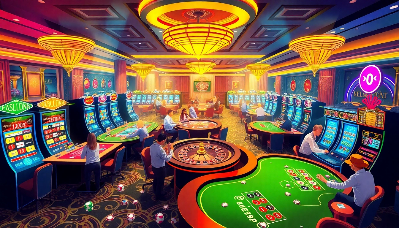 Players enjoying thrilling games at Helloo88's casino, featuring roulette tables and slot machines.