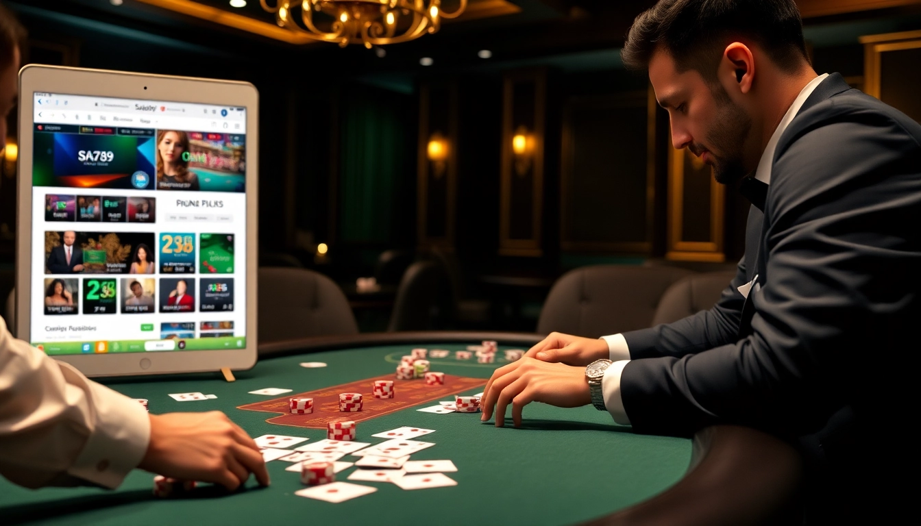 Sao789 players strategizing at a luxurious poker table in an upscale casino.