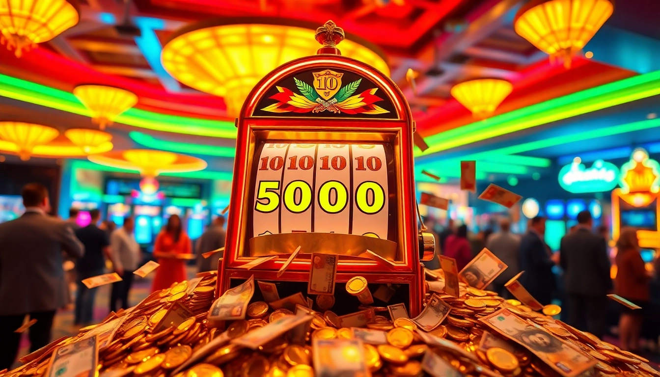 Slot deposit 5000 dengan mesin slot berkilau yang dikelilingi oleh para pemain di kasino.