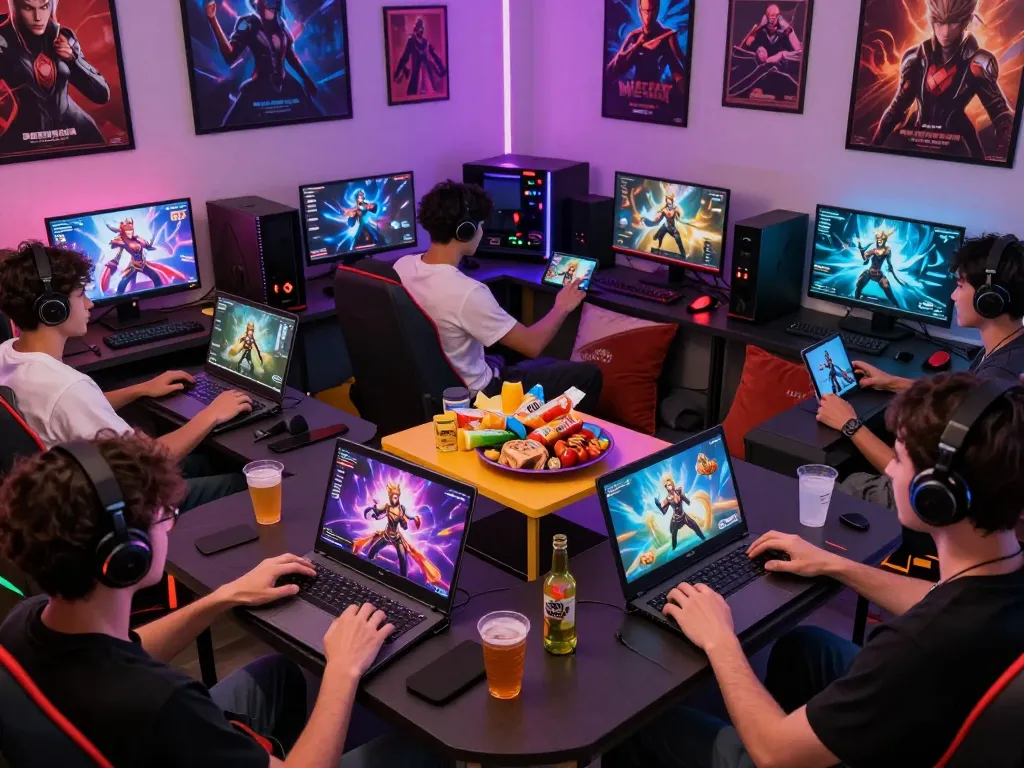 Players enjoying diverse porngames in a lively gaming lounge with colorful screens.