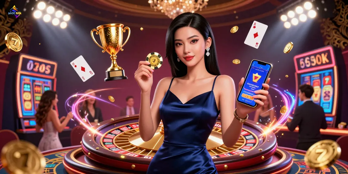 Engage in thrilling slot 10k action with a stunning Asian woman showcasing a casino app and golden casino chip.