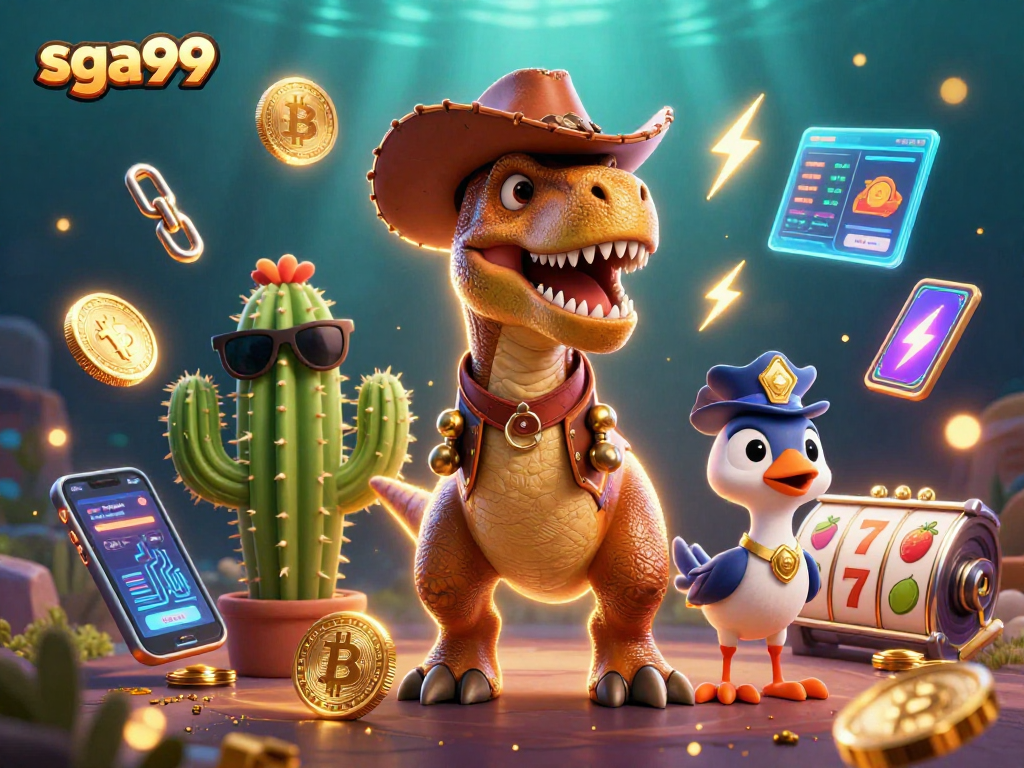 Experience the thrilling action of sga99 with a vibrant dinosaur and crypto elements.