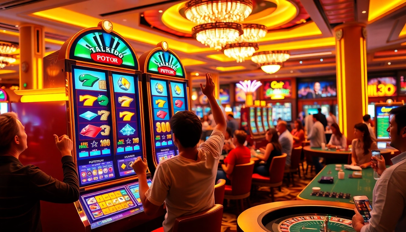Pemain menikmati aman788 slot gacor dengan mesin slot yang cerah, berwarna-warni dan suasana kasino yang hidup.