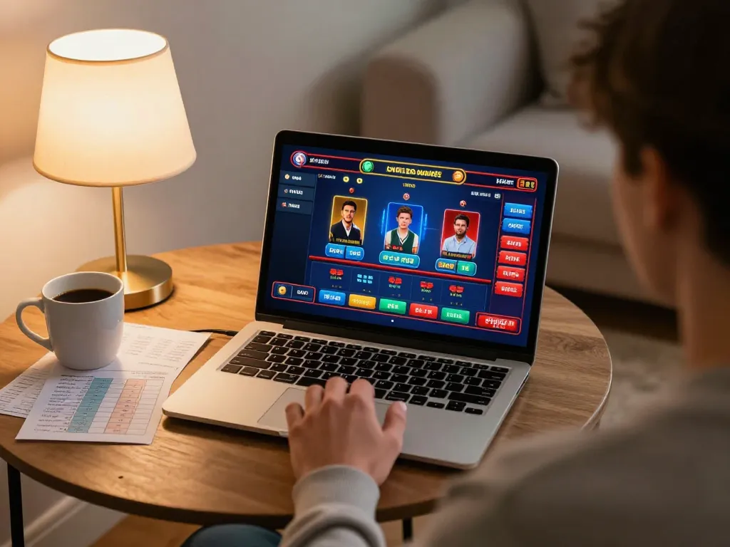 Player engaged in online gaming at open88.com with laptop, showcasing vibrant casino interface and strategic notes.