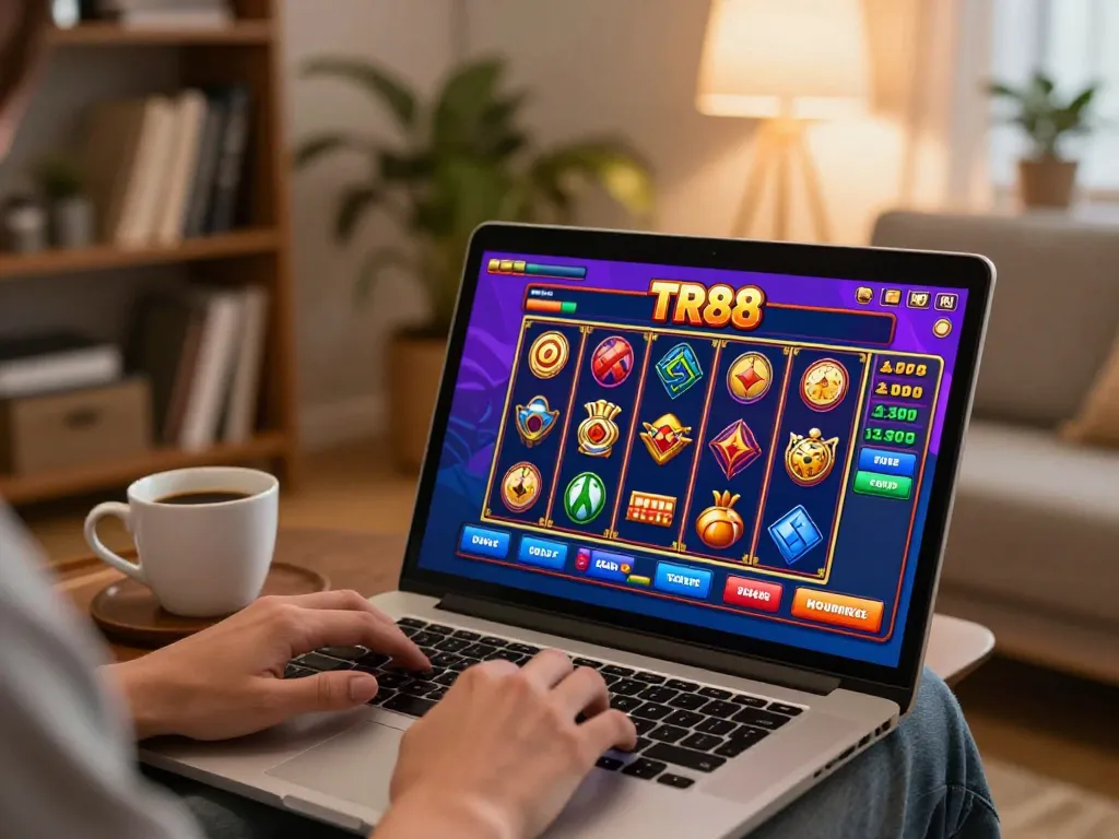Person engaging with TR88 casino games on laptop while enjoying a cozy home atmosphere