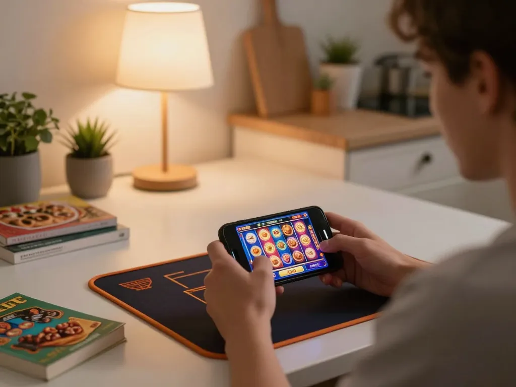 Player enjoying Sun win gameplay on smartphone in a cozy home setting