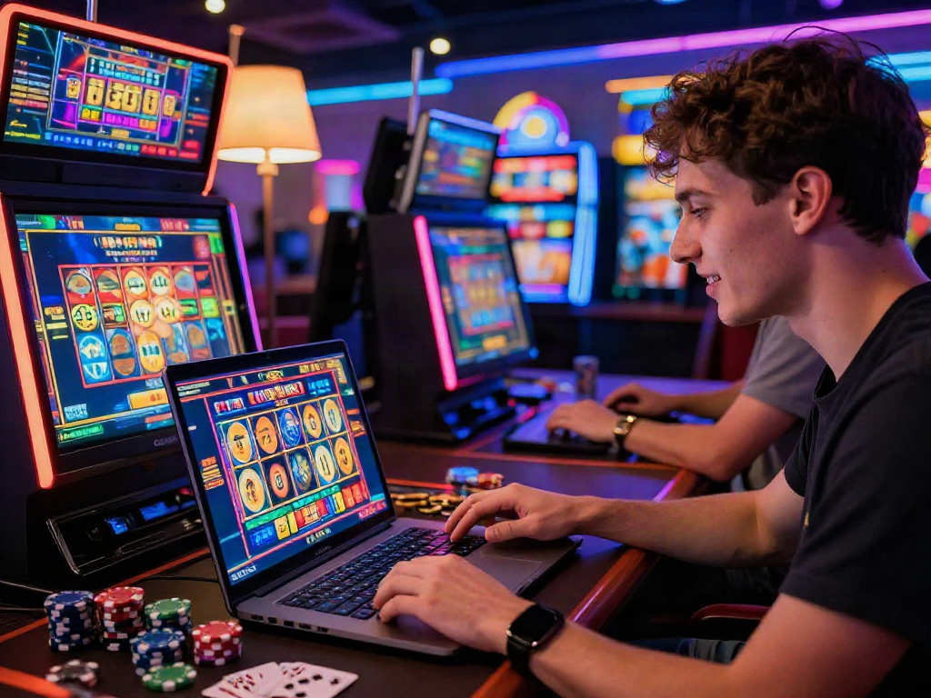 Player enjoying the vibrant toto slot gaming experience on a laptop surrounded by casino elements.