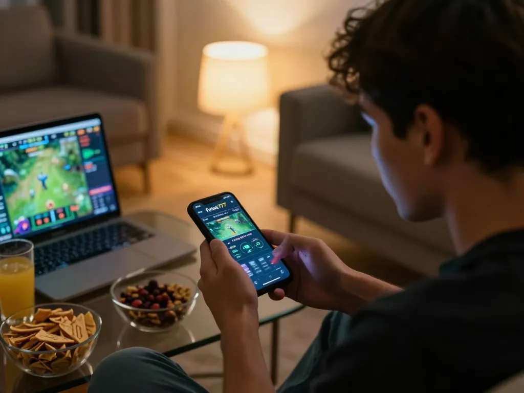 Engaging mobile gaming experience with Fokus777 app in a cozy living room setting.