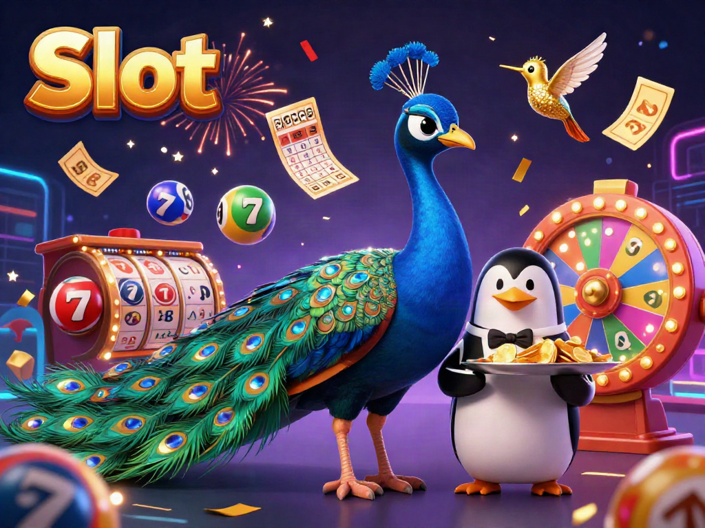 Slot mesin memperlihatkan karakter unik dalam suasana meriah dan penuh warna.