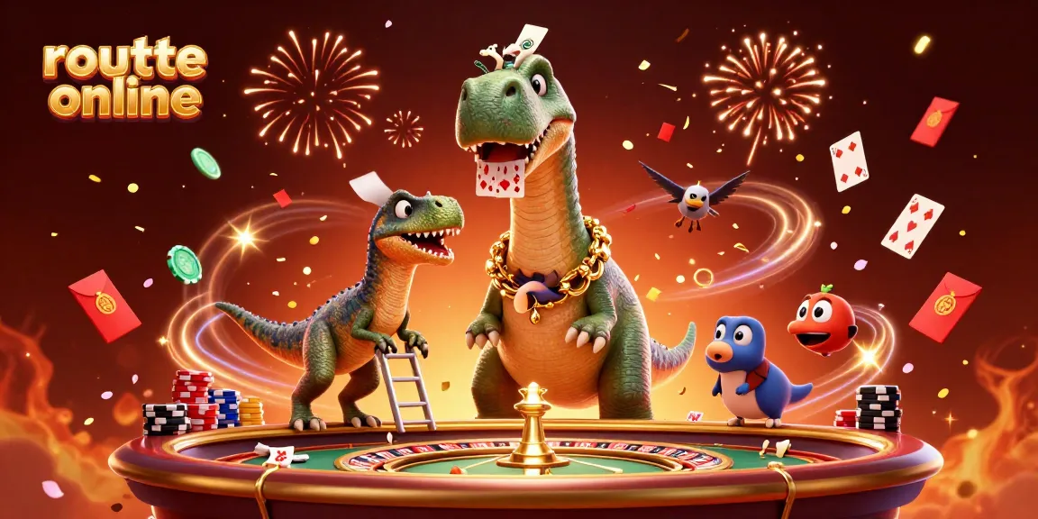 Engage with roulette online at a vibrant casino scene featuring a tall brontosaurus and a clever raptor.