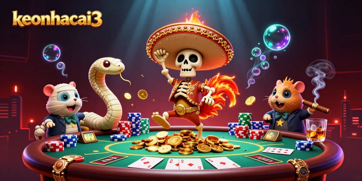 keonhacai3 features a vibrant scene of a dancing skeleton mariachi rooster over golden coins amidst poker gaming elements.
